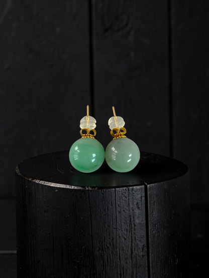 Beads of Eternity 10.50 mm Bright Green Burmese A-Jade Stud Earrings (with 18K Yellow Gold) - Certified - V4