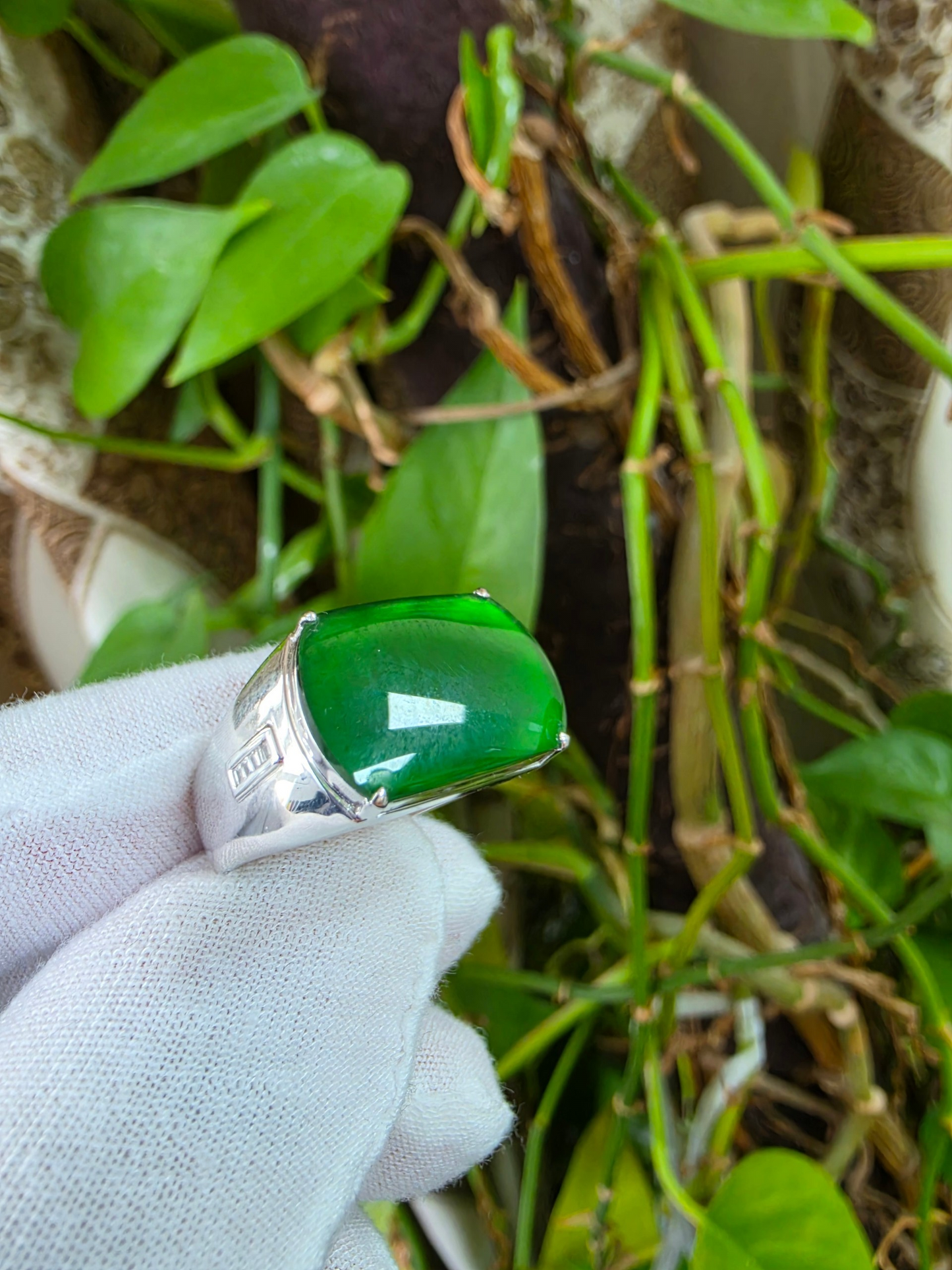 Odate MADE IN JAPAN Certified Vivid-Imperial Intense Green Burmese A-Jadeite Men's Ring (with 18K White Gold and Diamonds) Size US 9.5 - R24