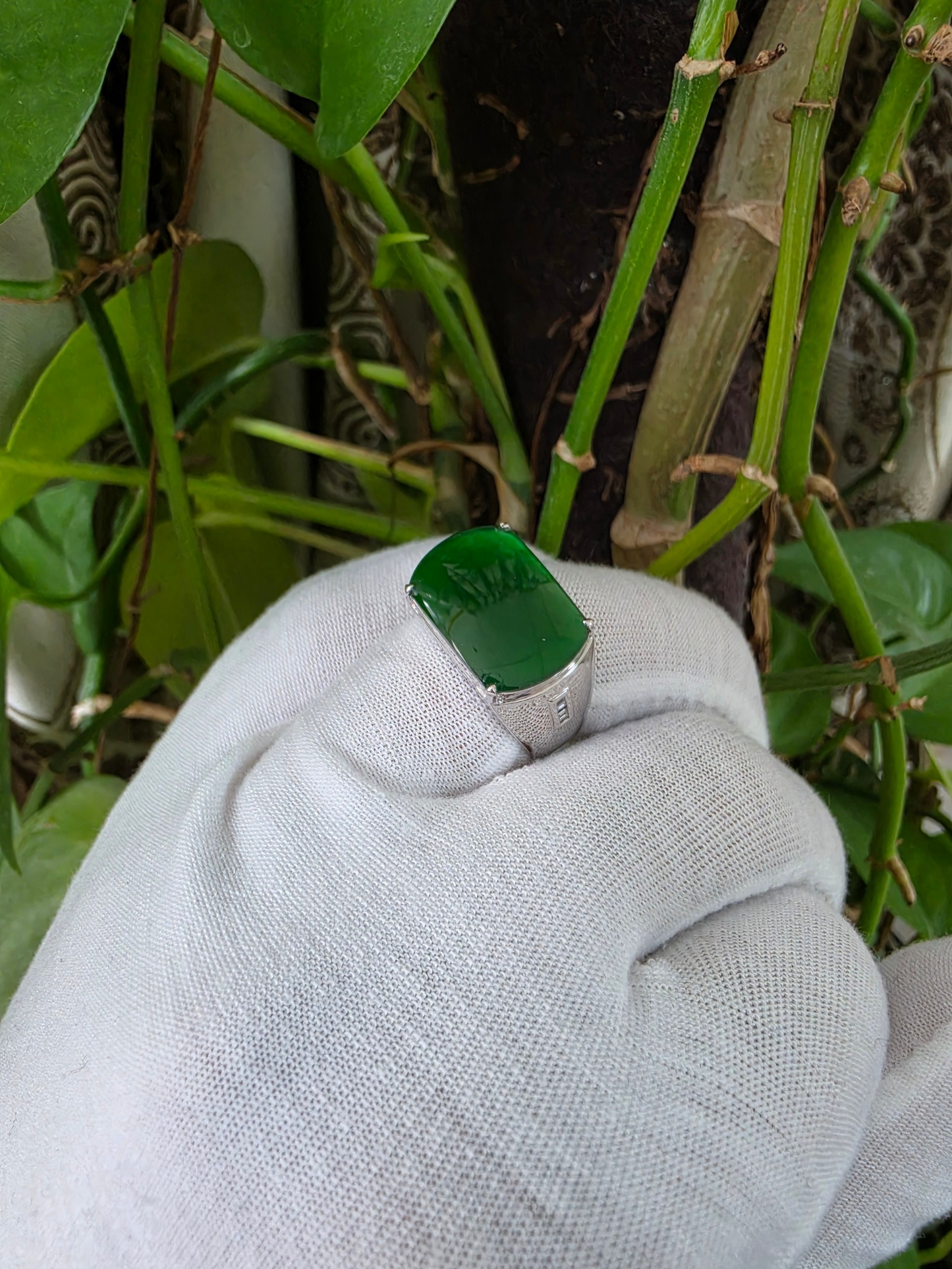 Odate MADE IN JAPAN Certified Vivid-Imperial Intense Green Burmese A-Jadeite Men's Ring (with 18K White Gold and Diamonds) Size US 9.5 - R24