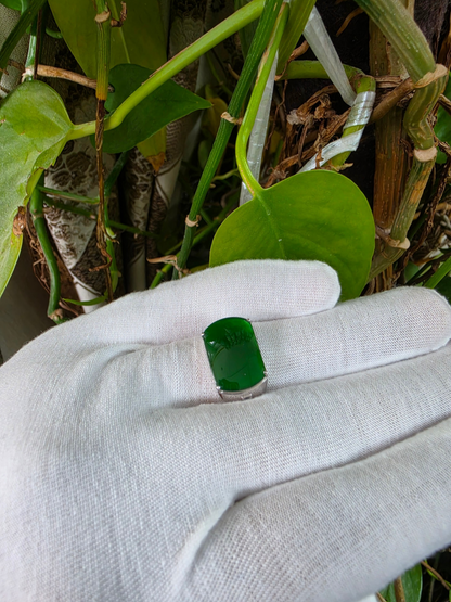 Odate MADE IN JAPAN Certified Vivid-Imperial Intense Green Burmese A-Jadeite Men's Ring (with 18K White Gold and Diamonds) Size US 9.5 - R24