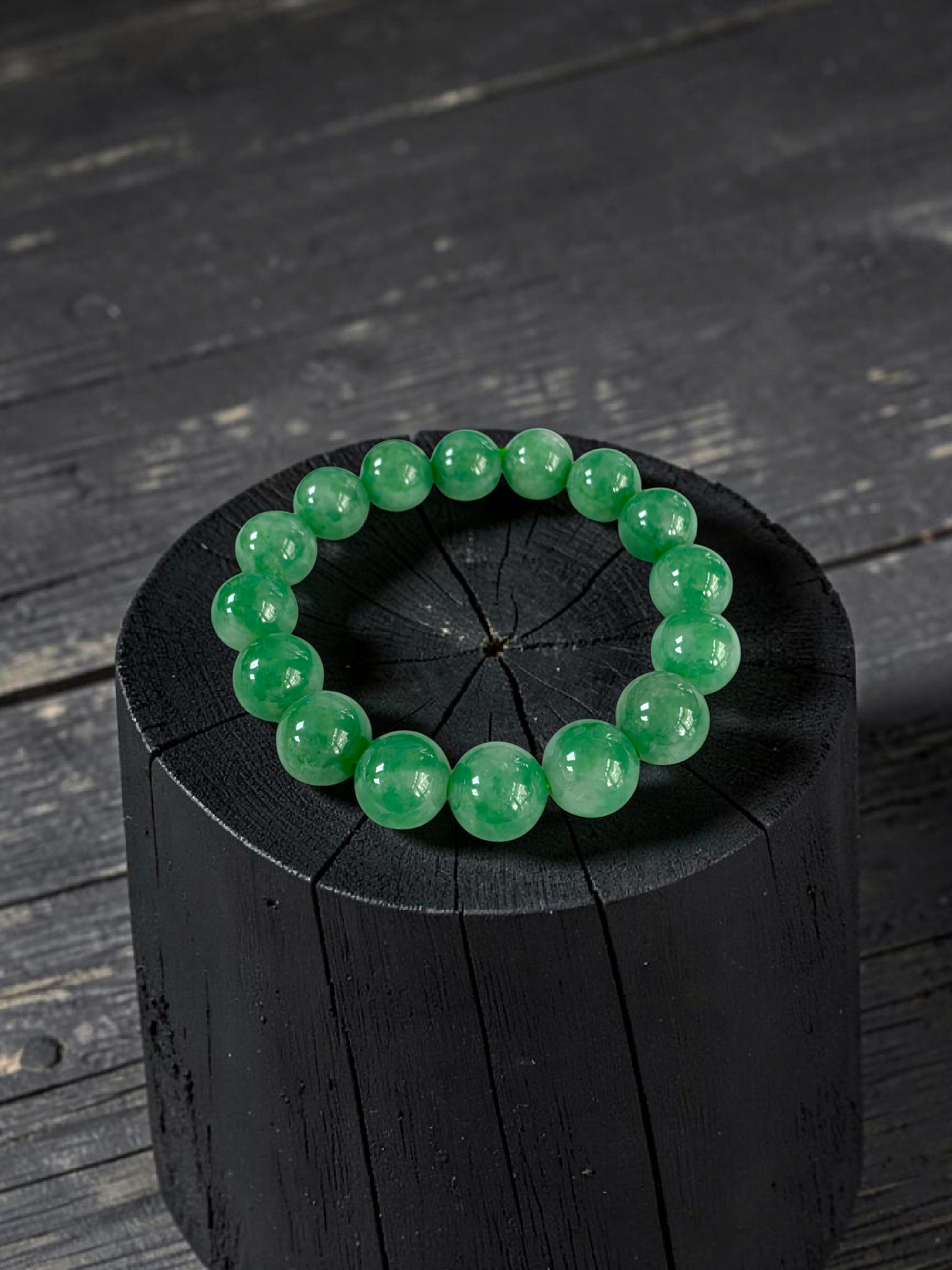 Certified Japanese Bright Green Burmese A-Jade Beaded Bracelet (MADE IN JAPAN) (12 mm Each x 16 beads) 05063