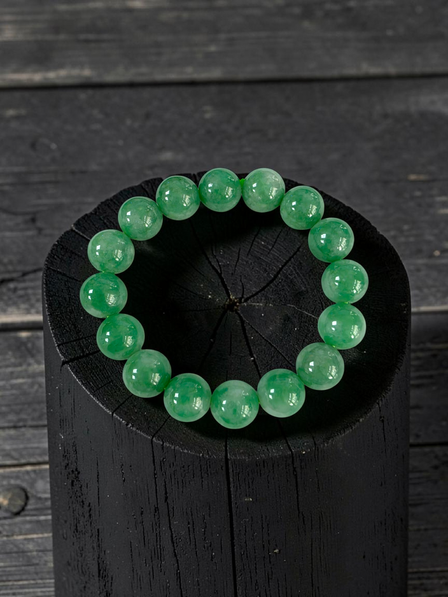 Certified Japanese Bright Green Burmese A-Jade Beaded Bracelet (MADE IN JAPAN) (12 mm Each x 16 beads) 05063