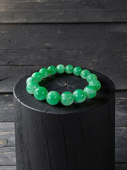 Certified Japanese Bright Green Burmese A-Jade Beaded Bracelet (MADE IN JAPAN) (12 mm Each x 16 beads) 05063