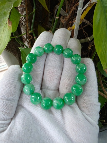 Certified Japanese Bright Green Burmese A-Jade Beaded Bracelet (MADE IN JAPAN) (12 mm Each x 16 beads) 05063