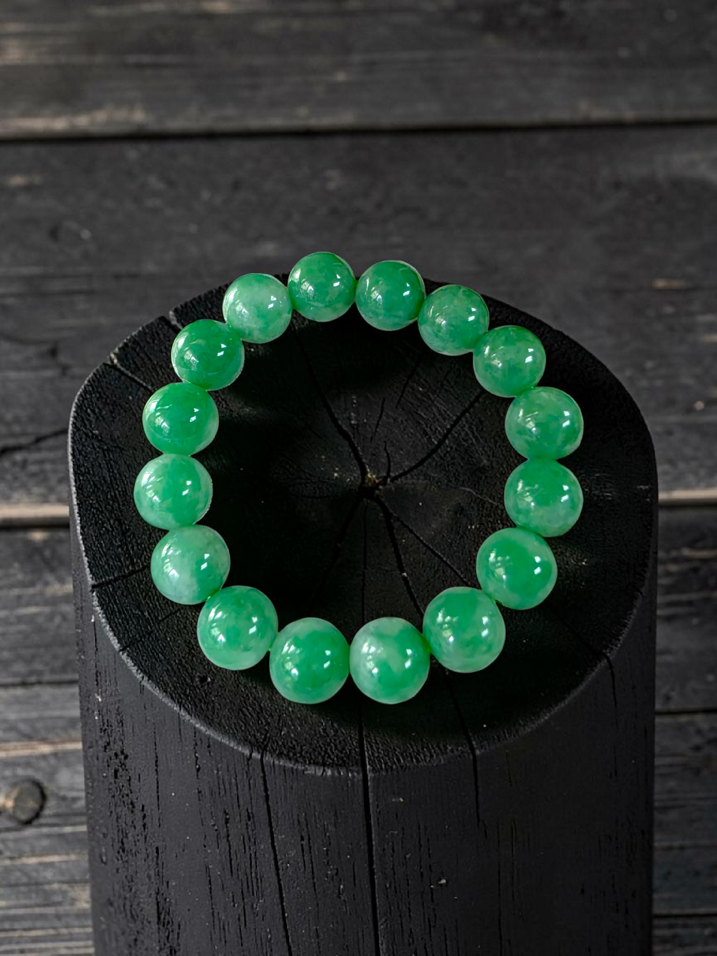 Certified Japanese Bright Green Burmese A-Jade Beaded Bracelet (MADE IN JAPAN) (12 mm Each x 16 beads) 05063