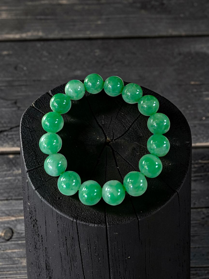 Certified Japanese Bright Green Burmese A-Jade Beaded Bracelet (MADE IN JAPAN) (12 mm Each x 16 beads) 05063
