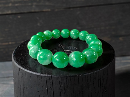Certified Japanese Bright Green Burmese A-Jade Beaded Bracelet (MADE IN JAPAN) (12 mm Each x 16 beads) 05063