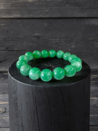 Certified Japanese Bright Green Burmese A-Jade Beaded Bracelet (MADE IN JAPAN) (12 mm Each x 16 beads) 05063
