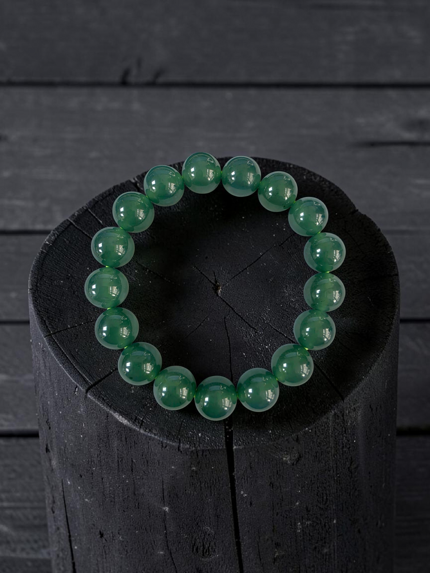 Certified Japanese Intense Deep Green Burmese A-Jade Beaded Bracelet (MADE IN JAPAN) (12 mm Each x 17 beads) 05064
