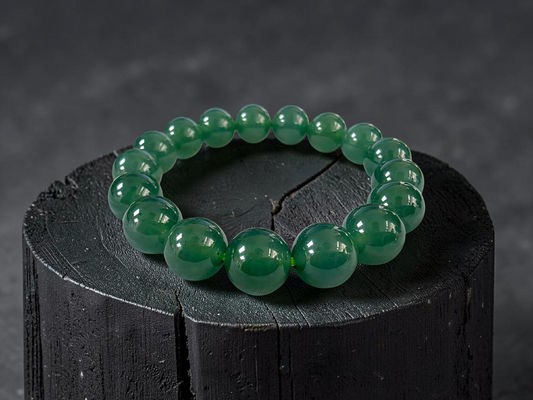 Certified Japanese Intense Deep Green Burmese A-Jade Beaded Bracelet (MADE IN JAPAN) (12 mm Each x 17 beads) 05064
