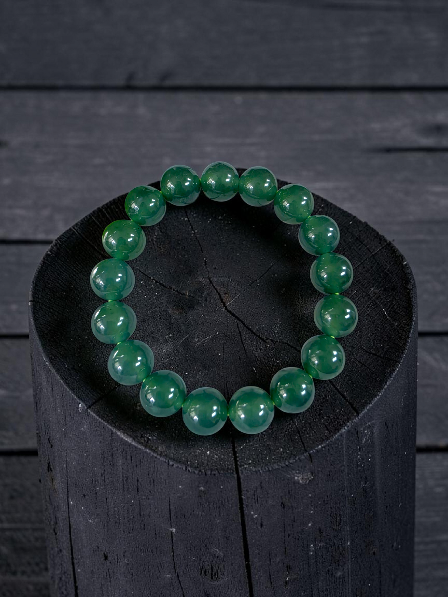 Certified Japanese Intense Deep Green Burmese A-Jade Beaded Bracelet (MADE IN JAPAN) (12 mm Each x 17 beads) 05064