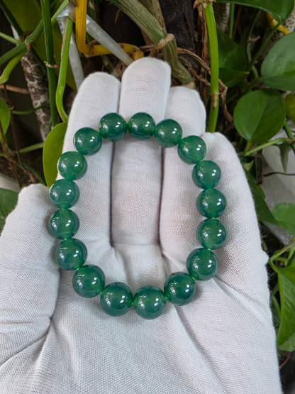 Certified Japanese Intense Deep Green Burmese A-Jade Beaded Bracelet (MADE IN JAPAN) (12 mm Each x 17 beads) 05064