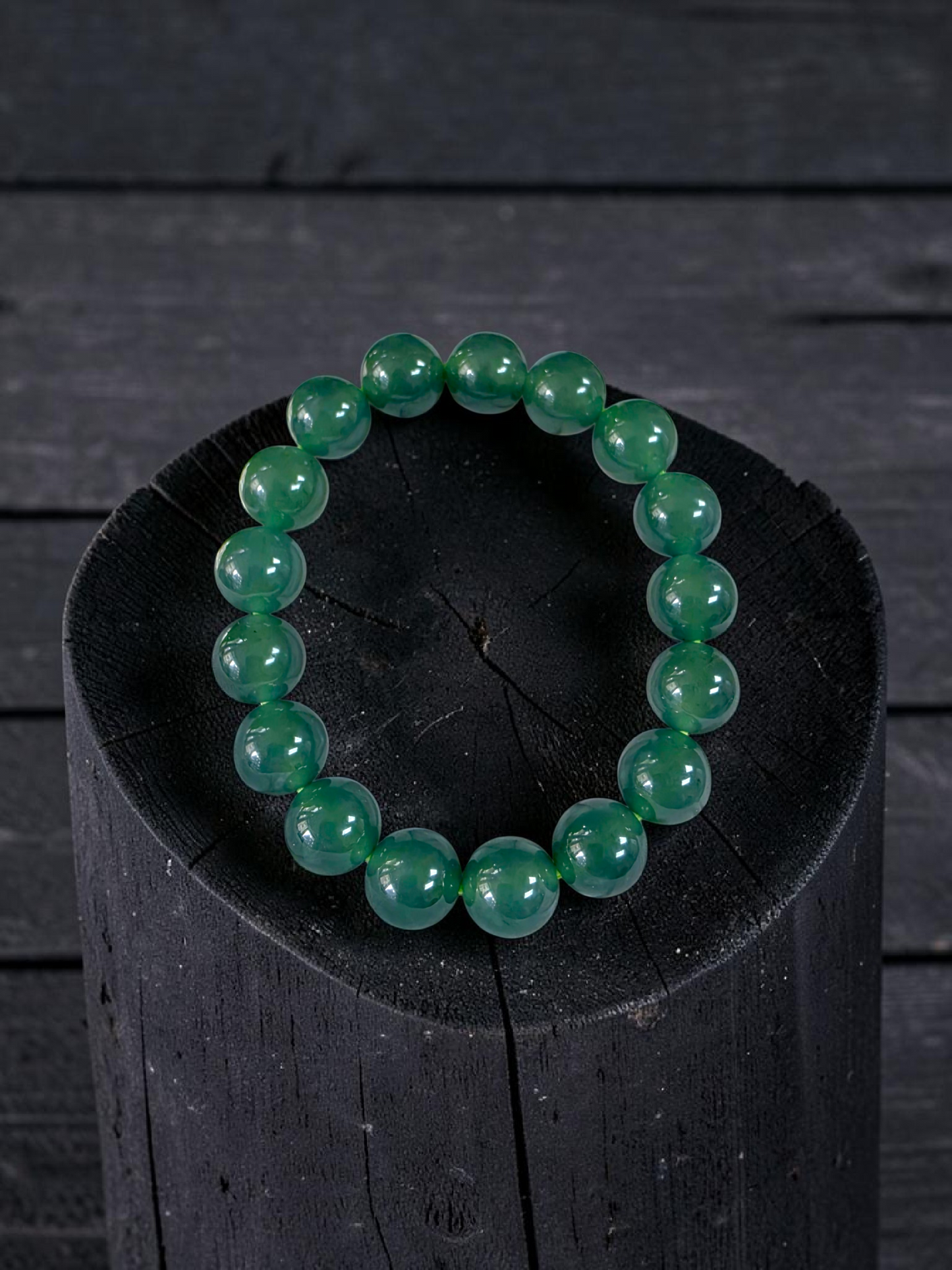 Certified Japanese Intense Deep Green Burmese A-Jade Beaded Bracelet (MADE IN JAPAN) (12 mm Each x 17 beads) 05064