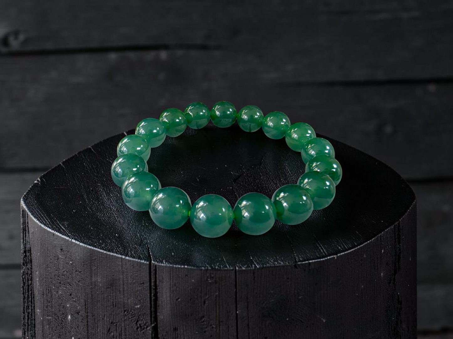 Certified Japanese Intense Deep Green Burmese A-Jade Beaded Bracelet (MADE IN JAPAN) (12 mm Each x 17 beads) 05064