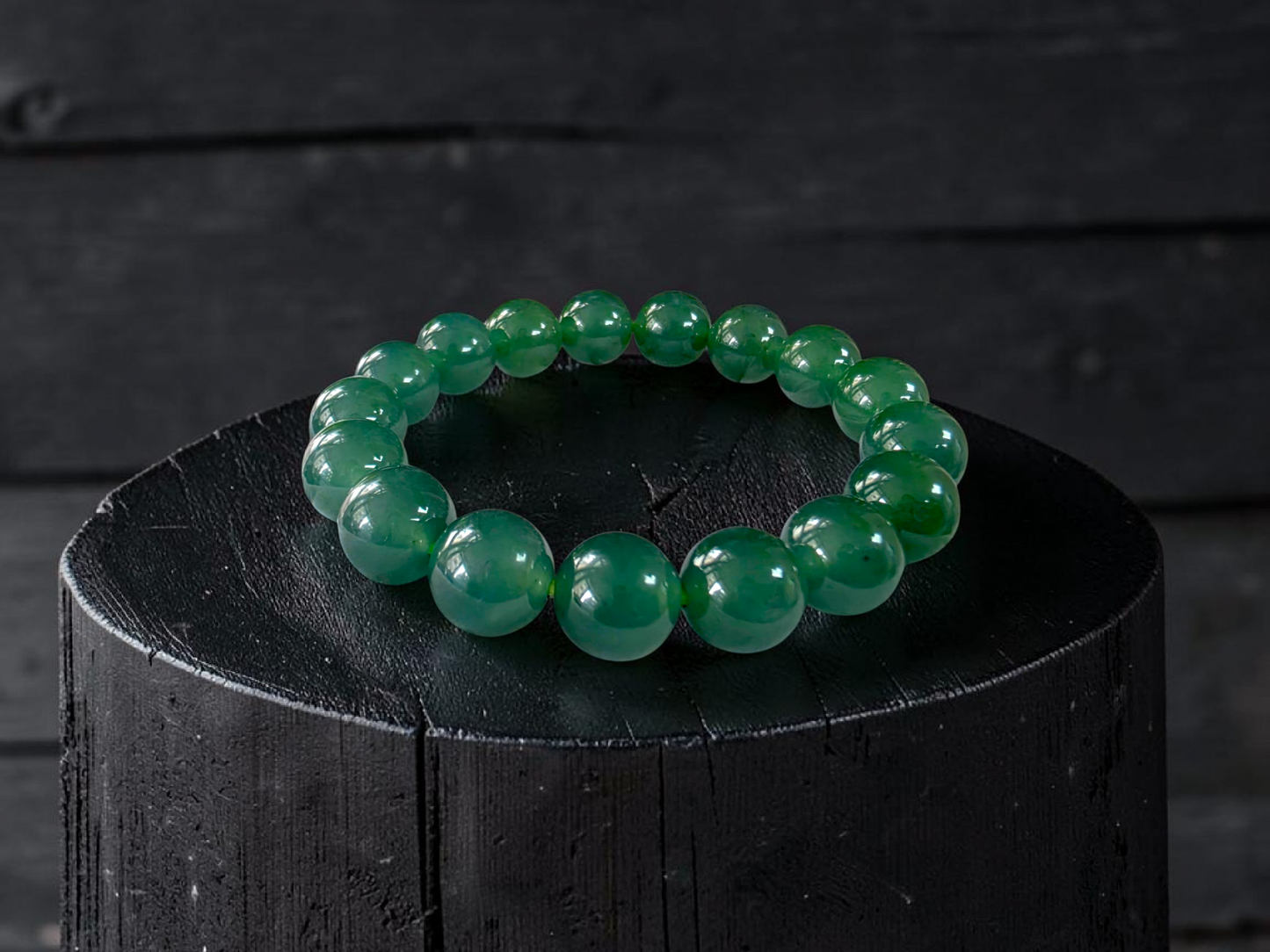 Certified Japanese Intense Deep Green Burmese A-Jade Beaded Bracelet (MADE IN JAPAN) (12 mm Each x 17 beads) 05064