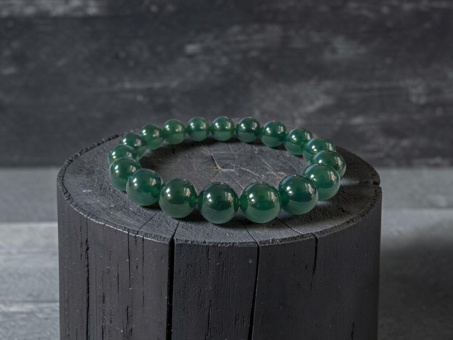 Certified Japanese Intense Deep Green Burmese A-Jade Beaded Bracelet (MADE IN JAPAN) (12 mm Each x 18 beads) 05065