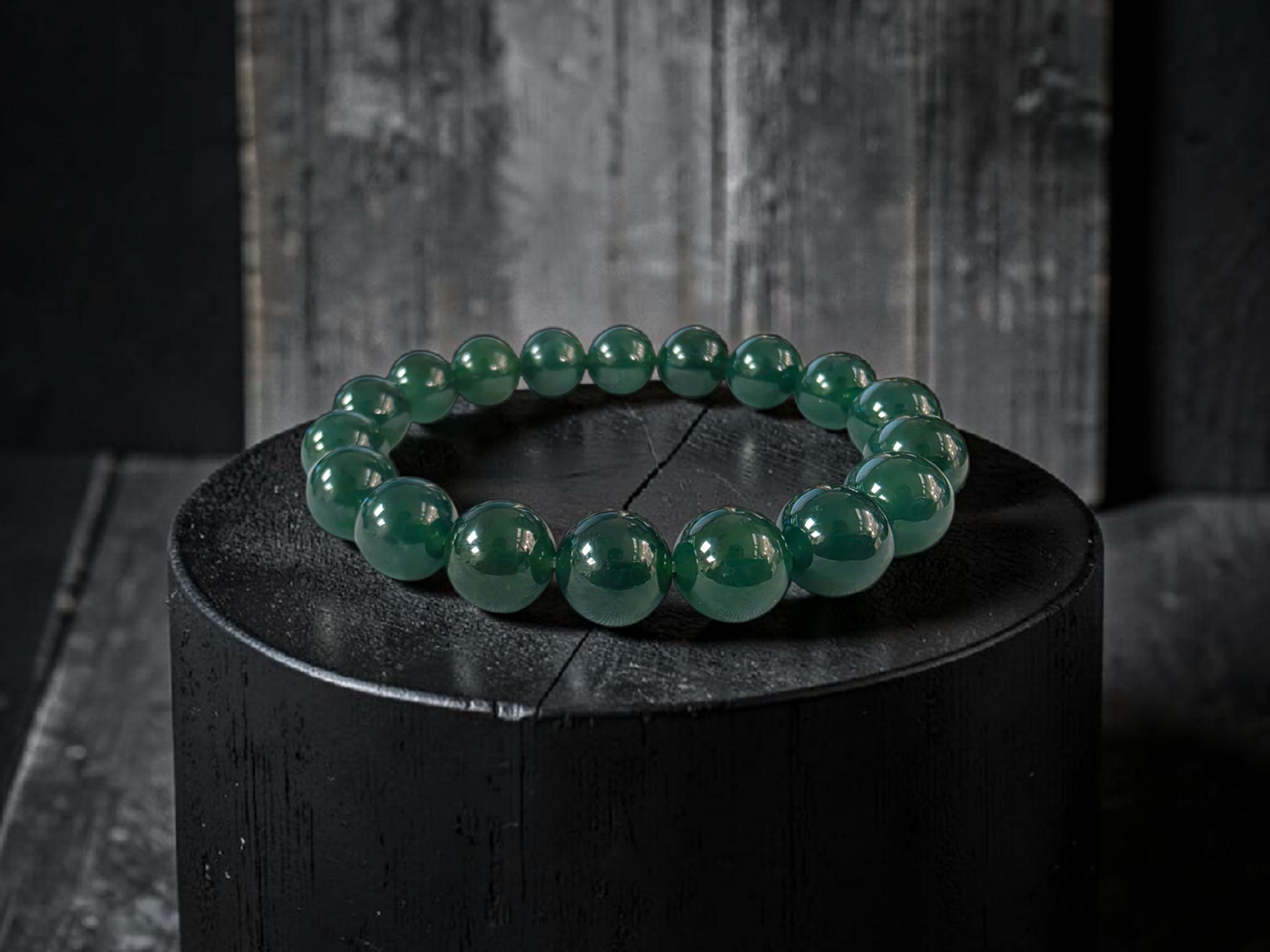 Certified Japanese Intense Deep Green Burmese A-Jade Beaded Bracelet (MADE IN JAPAN) (12 mm Each x 18 beads) 05065