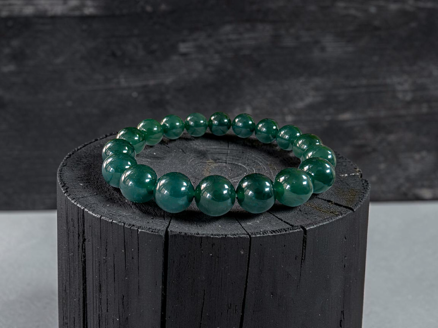Certified Japanese Intense Deep Green Burmese A-Jade Beaded Bracelet (MADE IN JAPAN) (12 mm Each x 18 beads) 05065