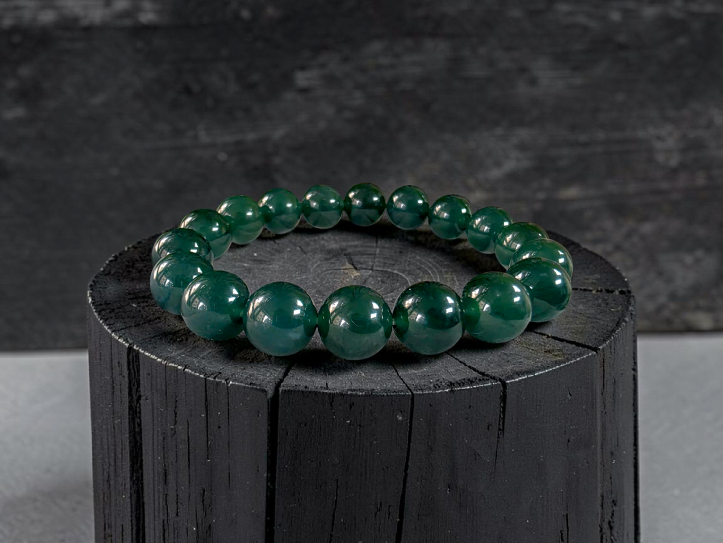 Certified Japanese Intense Deep Green Burmese A-Jade Beaded Bracelet (MADE IN JAPAN) (12 mm Each x 18 beads) 05065