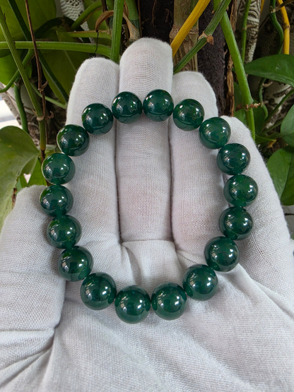 Certified Japanese Intense Deep Green Burmese A-Jade Beaded Bracelet (MADE IN JAPAN) (12 mm Each x 18 beads) 05065