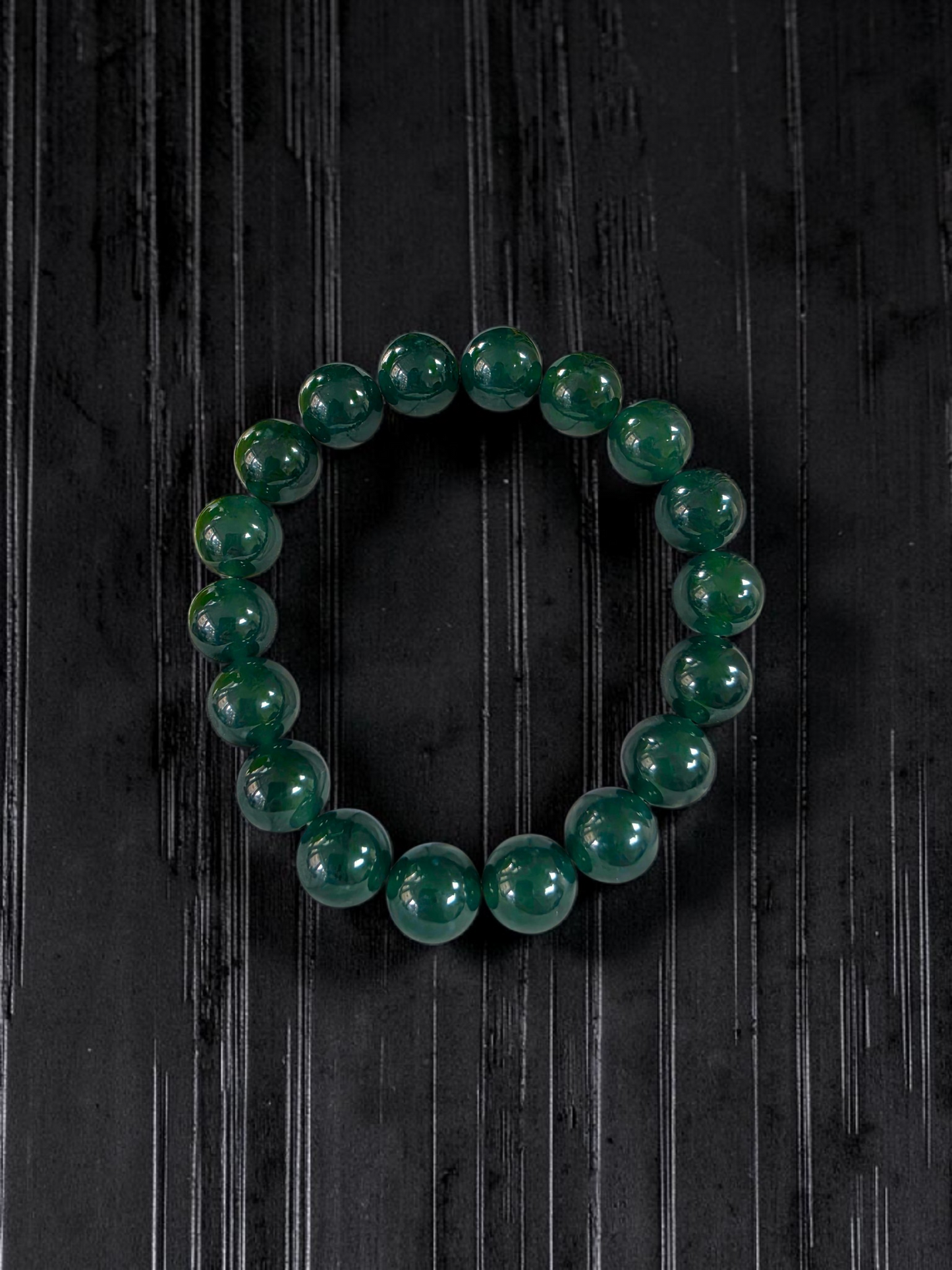Certified Japanese Intense Deep Green Burmese A-Jade Beaded Bracelet (MADE IN JAPAN) (12 mm Each x 18 beads) 05065