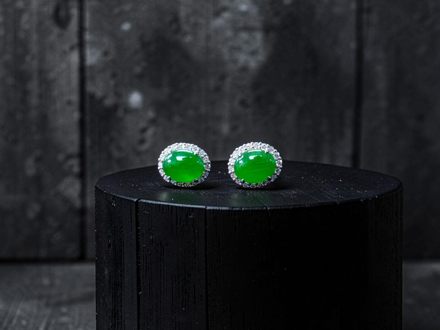 Eternal Sunshine Bright Imperial Green Burmese A-Jade Stud Earrings with Diamond Halo and 18K White Gold - Certified - V7