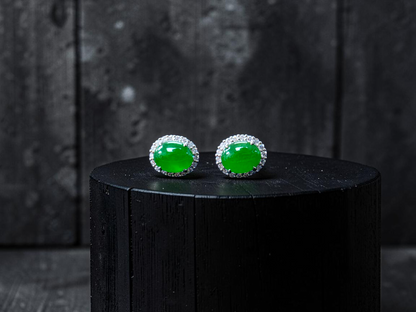 Eternal Sunshine Bright Imperial Green Burmese A-Jade Stud Earrings with Diamond Halo and 18K White Gold - Certified - V7