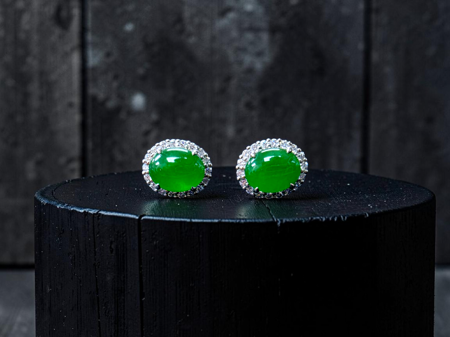 Eternal Sunshine Bright Imperial Green Burmese A-Jade Stud Earrings with Diamond Halo and 18K White Gold - Certified - V7