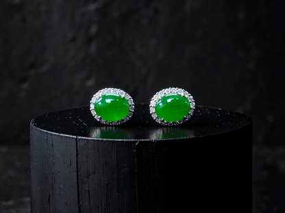 Eternal Sunshine Bright Imperial Green Burmese A-Jade Stud Earrings with Diamond Halo and 18K White Gold - Certified - V7