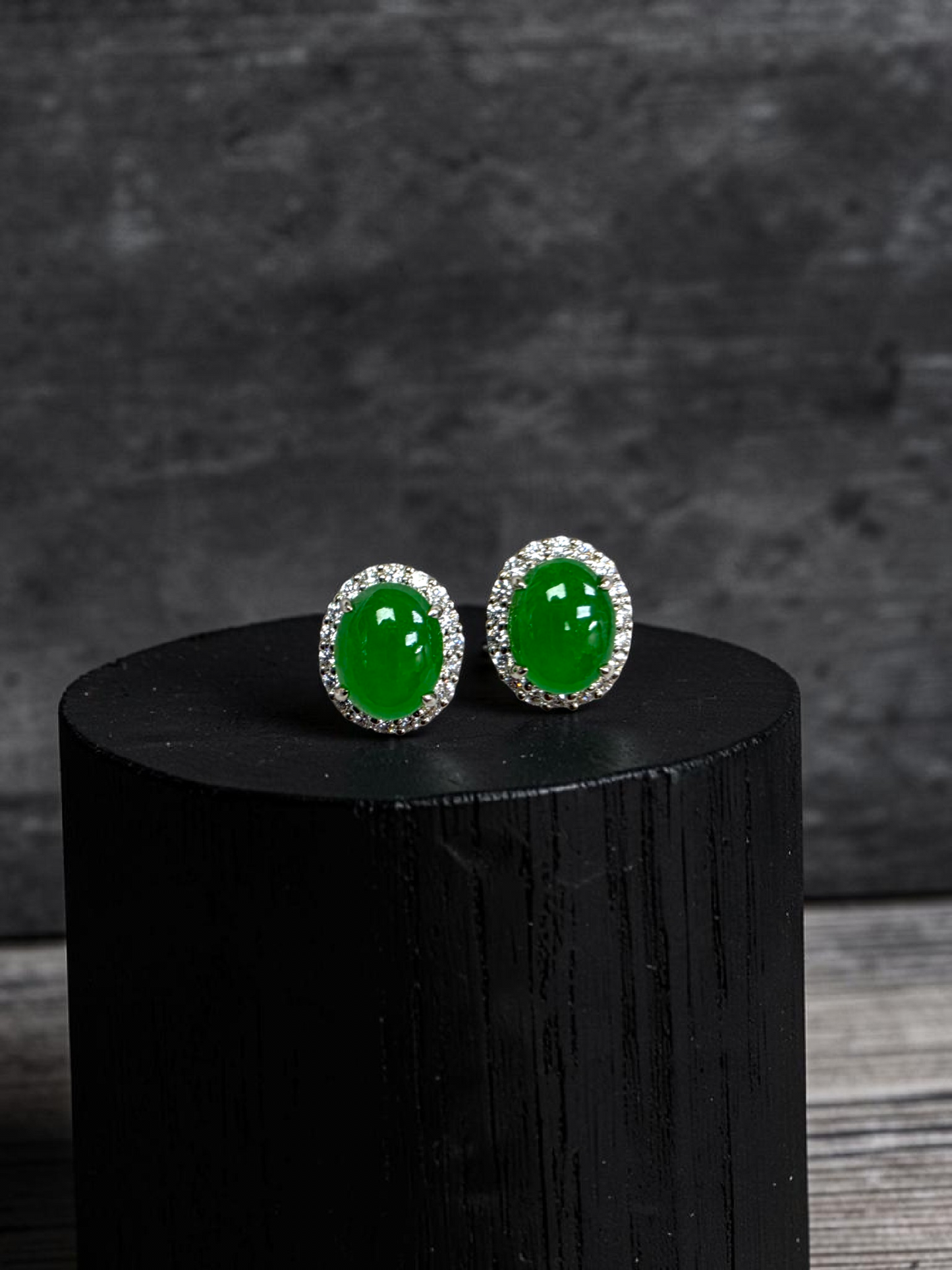 Eternal Sunshine Bright Imperial Green Burmese A-Jade Stud Earrings with Diamond Halo and 18K White Gold - Certified - V7