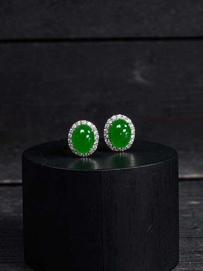 Eternal Sunshine Bright Imperial Green Burmese A-Jade Stud Earrings with Diamond Halo and 18K White Gold - Certified - V7