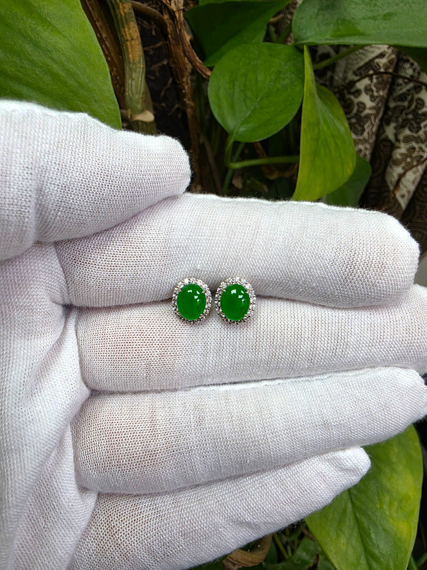 Eternal Sunshine Bright Imperial Green Burmese A-Jade Stud Earrings with Diamond Halo and 18K White Gold - Certified - V7
