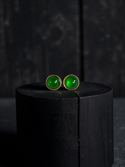 Vert Vivid-Imperial Green Burmese A-Jade Stud Earrings (with 18K Yellow Gold) - Certified V2