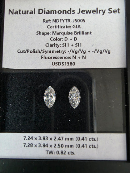 GIA Certified 0.82 cts. Natural D SI1 Marquise Diamond Matched Pair Loose Stones Jewelry Set JS005