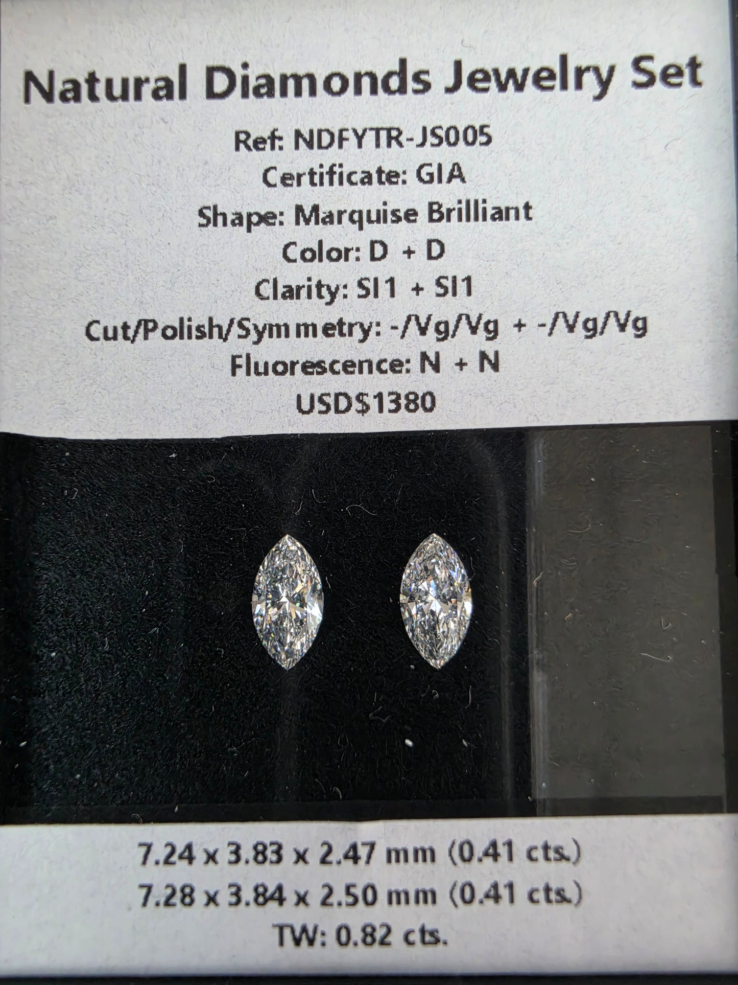 GIA Certified 0.82 cts. Natural D SI1 Marquise Diamond Matched Pair Loose Stones Jewelry Set JS005
