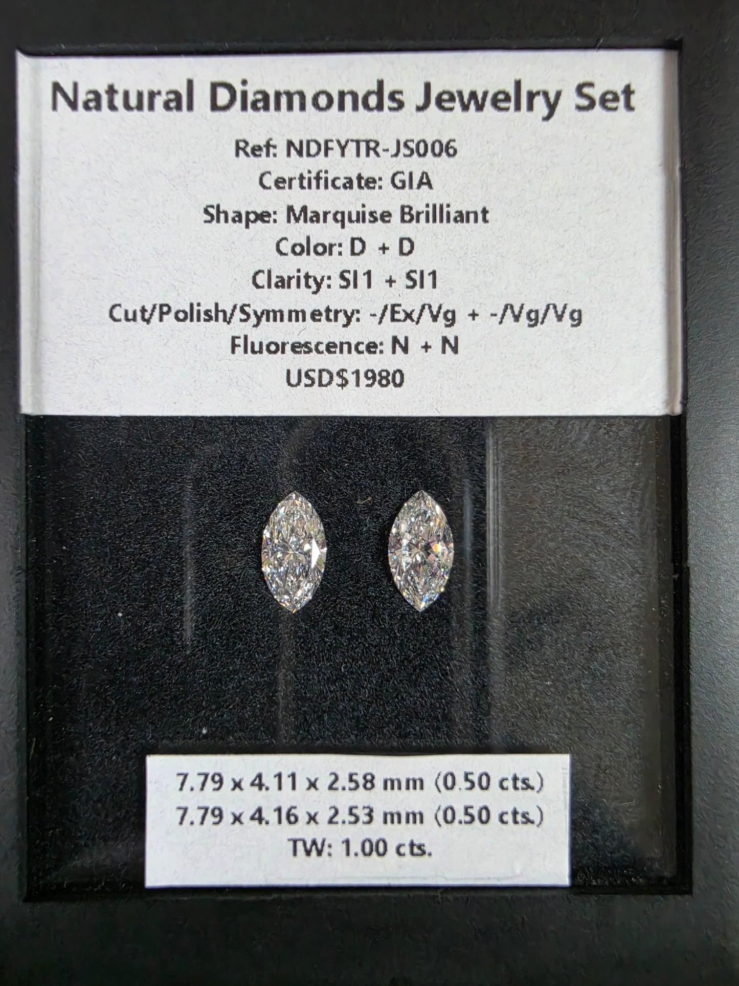 GIA Certified 1.00 cts. Natural D SI1 Marquise Diamond Matched Pair Loose Stones Jewelry Set JS006