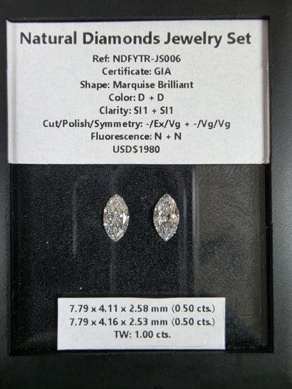 GIA Certified 1.00 cts. Natural D SI1 Marquise Diamond Matched Pair Loose Stones Jewelry Set JS006