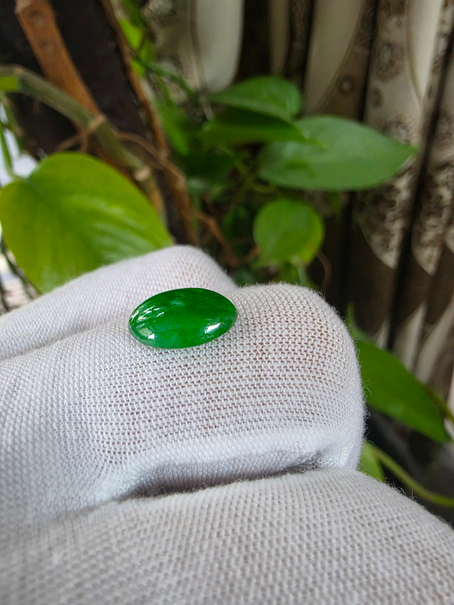 Certified MADE IN JAPAN 3.622 cts. Bright Intense Green Burmese A-Jadeite Oval Cabochon Loose Stone LS66