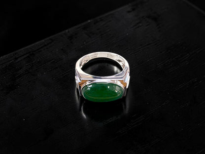 Chita MADE IN JAPAN 8.80 cts. Certified Intense Green Burmese A-Jadeite Men's Ring (18K White Gold and White Diamonds) Size US9.5  - R25
