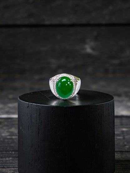 Chiba MADE IN JAPAN 7.42 cts. Certified Vivid Apple Green Burmese A-Jadeite Ring (with 18K White Gold and White Diamonds) Size US9.5  - R26