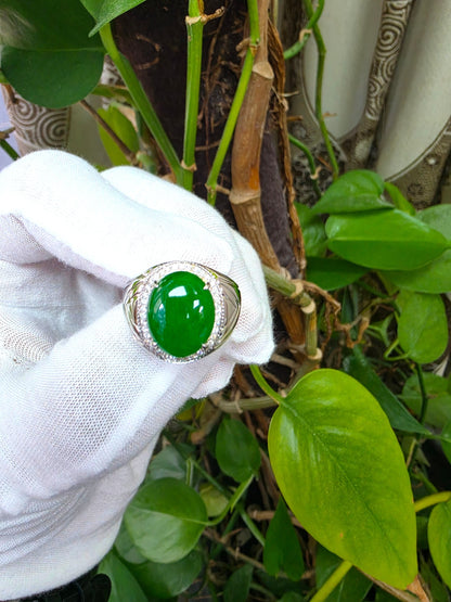 Chiba MADE IN JAPAN 7.42 cts. Certified Vivid Apple Green Burmese A-Jadeite Ring (with 18K White Gold and White Diamonds) Size US9.5  - R26