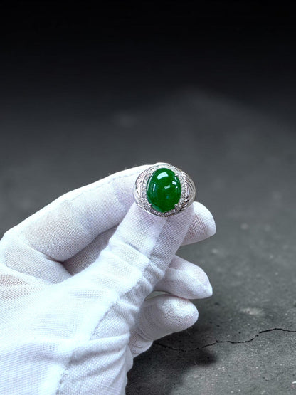 Chiba MADE IN JAPAN 7.42 cts. Certified Vivid Apple Green Burmese A-Jadeite Ring (with 18K White Gold and White Diamonds) Size US9.5  - R26