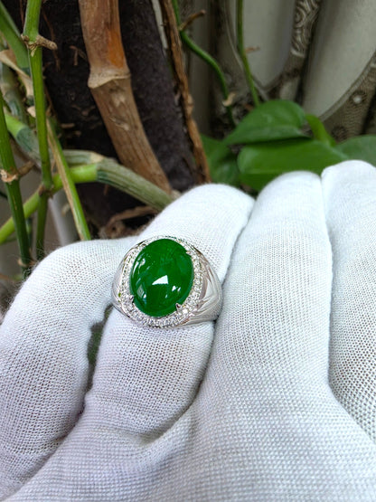 Chiba MADE IN JAPAN 7.42 cts. Certified Vivid Apple Green Burmese A-Jadeite Ring (with 18K White Gold and White Diamonds) Size US9.5  - R26