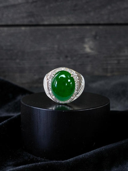 Chiba MADE IN JAPAN 7.42 cts. Certified Vivid Apple Green Burmese A-Jadeite Ring (with 18K White Gold and White Diamonds) Size US9.5  - R26