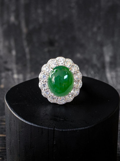 Shinshiro MADE IN JAPAN 6.88 cts. Certified Intense Icy Green Burmese A-Jadeite Ring (with 18K White Gold and White Diamonds) Size US7 - R27