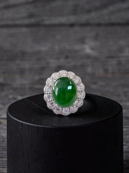 Shinshiro MADE IN JAPAN 6.88 cts. Certified Intense Icy Green Burmese A-Jadeite Ring (with 18K White Gold and White Diamonds) Size US7 - R27