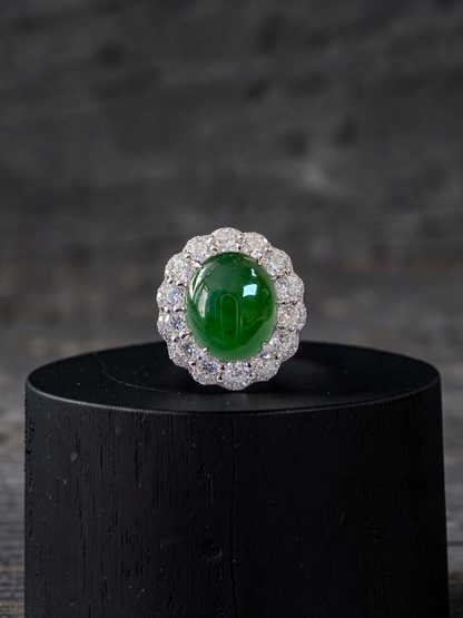 Shinshiro MADE IN JAPAN 6.88 cts. Certified Intense Icy Green Burmese A-Jadeite Ring (with 18K White Gold and White Diamonds) Size US7 - R27