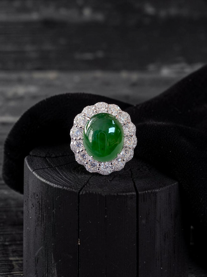 Shinshiro MADE IN JAPAN 6.88 cts. Certified Intense Icy Green Burmese A-Jadeite Ring (with 18K White Gold and White Diamonds) Size US7 - R27