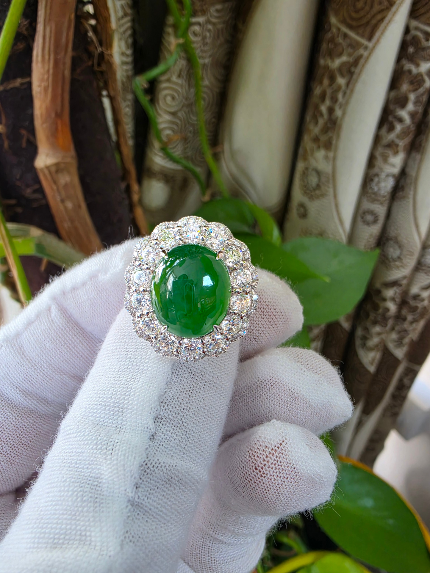 Shinshiro MADE IN JAPAN 6.88 cts. Certified Intense Icy Green Burmese A-Jadeite Ring (with 18K White Gold and White Diamonds) Size US7 - R27