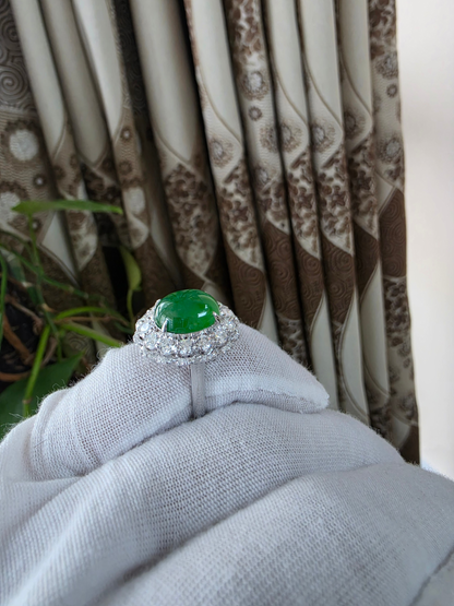 Shinshiro MADE IN JAPAN 6.88 cts. Certified Intense Icy Green Burmese A-Jadeite Ring (with 18K White Gold and White Diamonds) Size US7 - R27